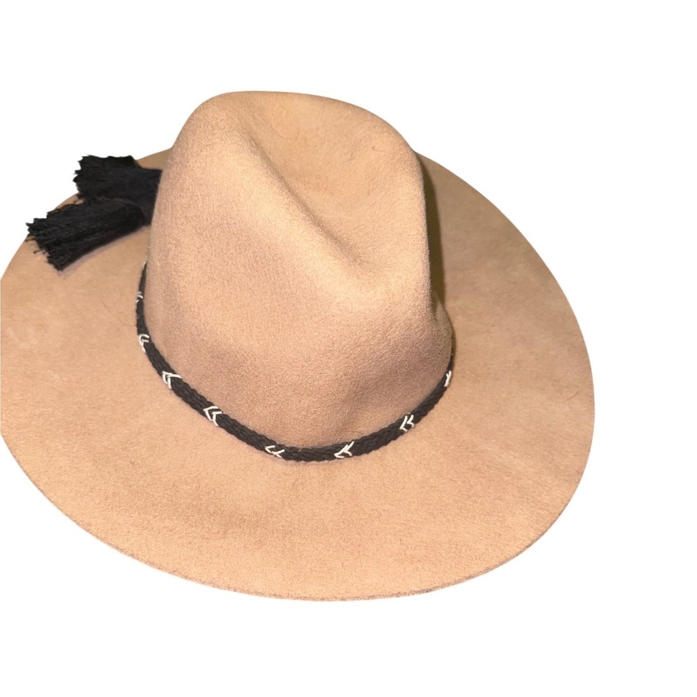 American Eagle Tan Wool Wide Brim Fedora Hat with Black Tasselโ Braided Band O/S